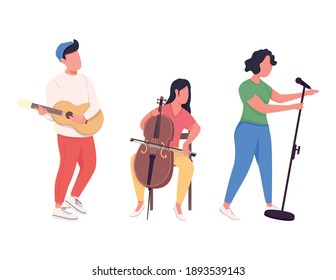 Music band performance flat color vector faceless characters. Musicians with classical instruments, singer with microphone isolated cartoon illustration for web graphic design and animation