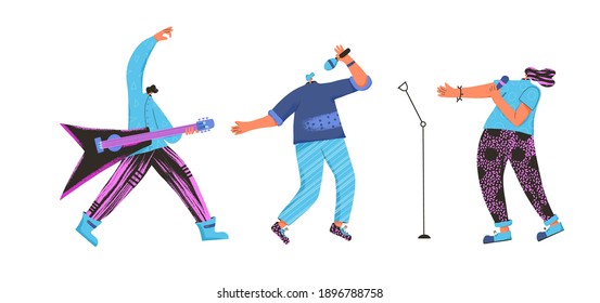 Music band performance isolated on white background. Tree rock musicians singing and playing guitar. Pop trio. Vector flat characters illustration.