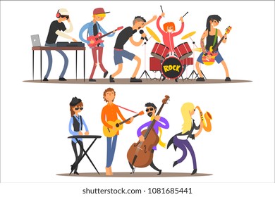 Music band performing on stage, musicians singing and playing music instruments cartoon vector Illustration on a white background