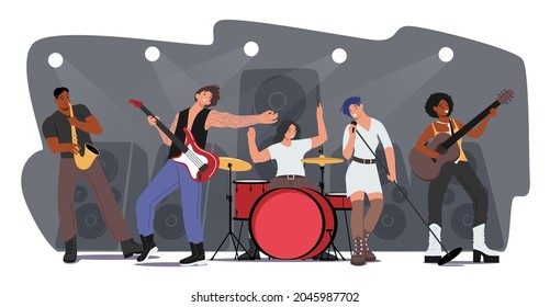 Music Band Performing Rock Concert on Scene. Artists Characters with Musical Instruments, Girl Singing Song, Guitar and Sax Player Accompany. Talent Show on Stage. Cartoon People Vector Illustration