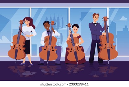 Banda musical tocando instrumento violonchelo, ilustración vectorial plana. Diversas personas tocando violín. Grupo de músicos masculinos y femeninos actuando en el evento.