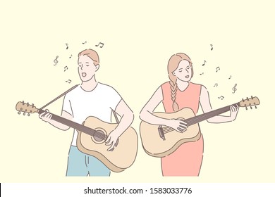 Music band, playing guitar, duet singing concept. Friends playing musical instruments. Young guitarists amateur performance. Musicians couple with acoustic guitars. Simple flat vector