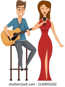 Music Band, Playing Guitar, Duet Singing Concept. Man Playing Musical Instrument And Girl Vocalist. Young Guitarists Amateur Performance. Musicians Couple With Acoustic Guitar And Microphone