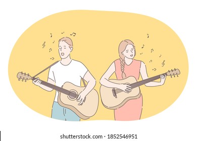 Music, band, playing guitar, singer concept. Young couple man and woman cartoon characters playing guitars and singing together during performance on stage. Music festival, show, singers, melody, song