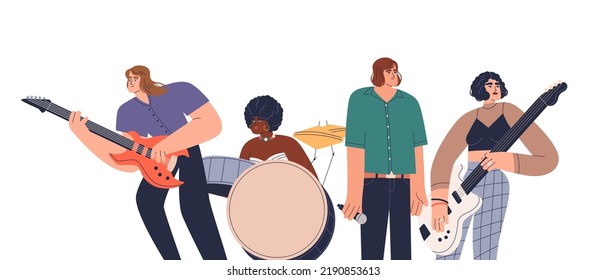 Music band playing instruments. Musicians group performing on guitar, drum. Multiethnic people artists, vocalist and instrumentalists. Flat graphic vector illustration isolated on white background