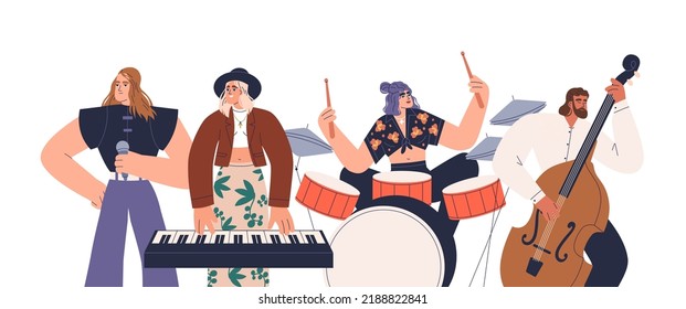 Banda musical tocando instrumentos, cantando. Grupo de personas estrellas de cantantes y músicos vocalistas actuando sobre contrabando, sintetizador, tambores. Ilustración vectorial gráfica plana aislada en fondo blanco