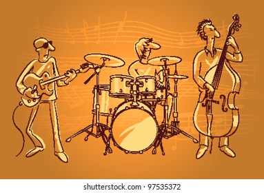 Music Band Playing On Stage. Original Sketch, Vector Illustration.