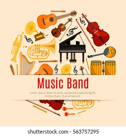 Music Band poster of vector musical instruments. Orchestra harp, contrabass, violin with bow and piano, saxophone and maracas, cymbals on ethnic drums, jazz trumpet, acoustic guitar, flute pipe