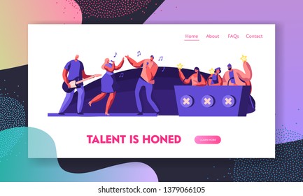 Music Band Presenting Performance On Stage In Front Of Judges For Audition On Talent Show. Referee Voting With Golden Stars. Website Landing Page, Web Page Cartoon Flat Vector Illustration, Banner