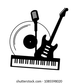 Music band record concept icon. Group of black white musical instruments guitar piano microphone on vinyl background. Modern vector audio media art illustration for concert festival party radio studio