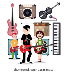 Music Band in Recording Studio with Instruments Vector Illustration