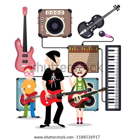 Music Band in Recording Studio with Instruments Vector Illustration