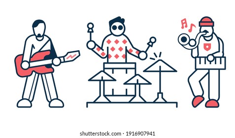 Music band rock artists line icons including drummer, bass guitar and trumpet musicians.