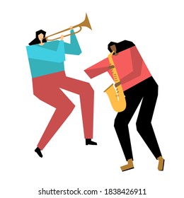 Music band of sax and trumpet flat hand drawn illustration. Сartoon characters of musicians. Music concert