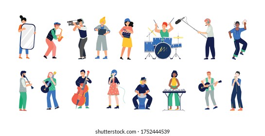 Music band set with flat human characters of instrumental musicians singers and video shooting crew members vector illustration