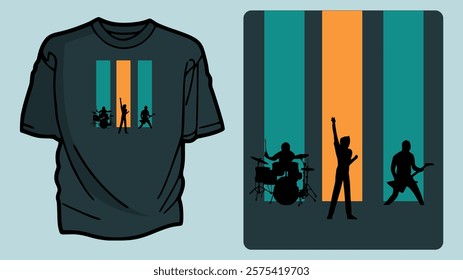 Music Band Silhouette T-shirt Design with a Retro-Inspired Vertical Stripe Background