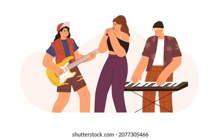 Music band with singer and musicians. Modern woman vocalist with microphone and men playing guitar and synthesizer. Popular group with guitarist. Flat vector illustration isolated on white background