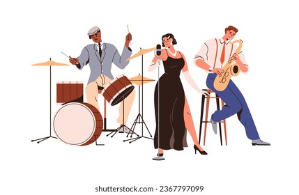 Music band with singer and musicians. Performers playing jazz, performing on saxophone, drum kit, female vocalist singing at microphone. Flat graphic vector illustration isolated on white background