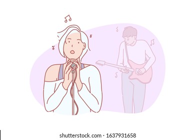 Music, band, singing concept. Young woman singer with man guitar player are doing perfomance at concer. Girl singer is standing on stage and sing music ong on microphone. Simple flat vector