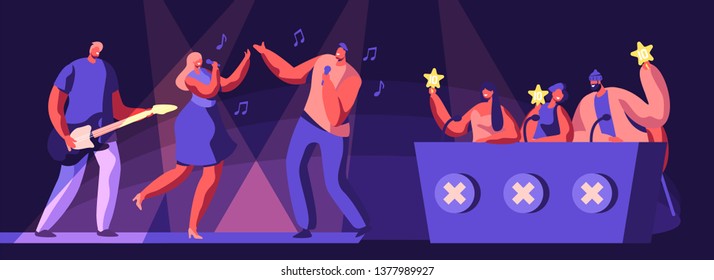 Music Band Take Part in Talents Show. Artists Characters Sing and Play Guitar on Stage in Front of Judges Holding Gold Stars in Hands Cartoon Flat Vector Illustration. Cartoon Flat Vector Illustration