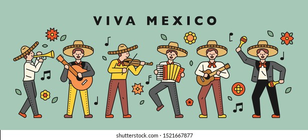 Music band wearing Mexican sombrero hat. flat design style minimal vector illustration.