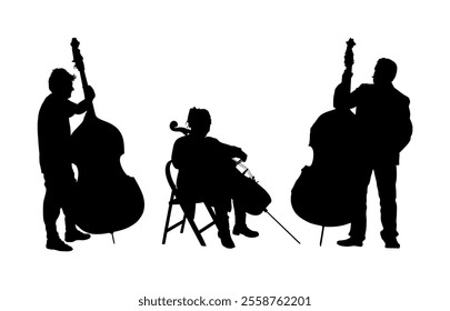 Music band woman cellist playing cello with contra bass man duet vector silhouette isolated. Classic music event artists play string instrument orchestra. Jazz street performer. Musicians double bass.