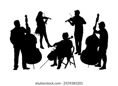 Music band woman cellist playing cello with contra bass man duet vector silhouette isolated. Violin artists play string instrument in orchestra. Jazz street performer. Musicians double bass shape.