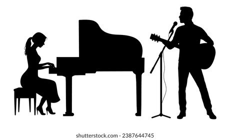 Music band with woman playing piano and man singing playing guitar