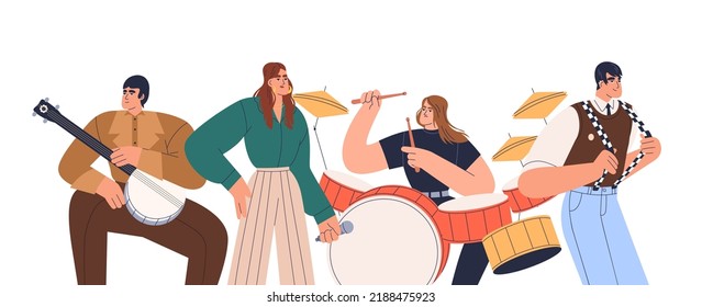 Banda musical con vocalista cantante y actuación de hombres. Retrato de grupo estrella tocando instrumentos, tambores, banjo y canto. Ilustración vectorial gráfica plana aislada en fondo blanco.