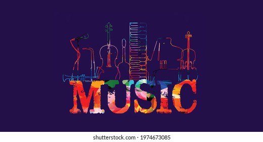 Music banner. Colorful musical promotional poster with musical instruments vector illustration. Artistic abstract background for live concert events, music festivals and shows, party flyer