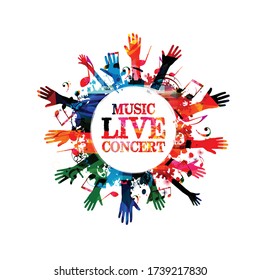 Music banner with colorful music notes and hands vector illustration design. Artistic music festival poster, live concert events, party flyer, music notes signs and symbols with crowd of people