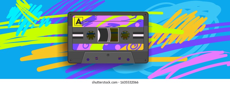 Music Banner Cover or Invitation Card with Retro Style Cassete Tape Aesthetic party 1980 fashion background 