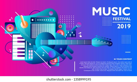 Music banner design templates. Music festival layout with guitar and piano instrument. Vector template