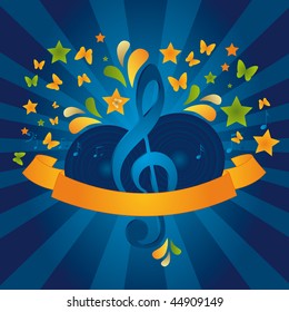 Music Banner on sunburst background. Vector illustration.
