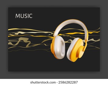 Music banner. Realistic isolated headphones on black background. Premium horizontal poster. Musical accessory gadgets. Render 3d glossy element. Gadget portable device object. Vector illustration