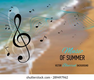 Music banner. Seaside blurred background with music notes and key. Designed text. Vector illustration.