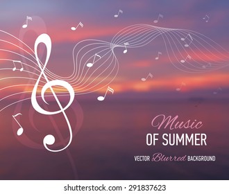 Music banner. Seaside blurred background with music notes and key. Designed text. Vector illustration.