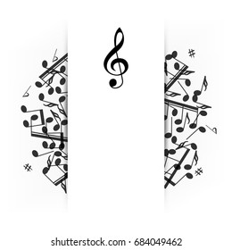 Music banner with shadow. Musical background with clef. Place for your text. Graphic design element for  web, flyers, prints. Abstract vector illustration.