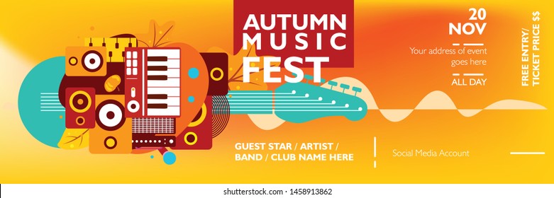 
Music banner template for event, festival, concert, party. Colorful poster layout design with autumn theme geometric shape on gradient background. Vector illustration for publication