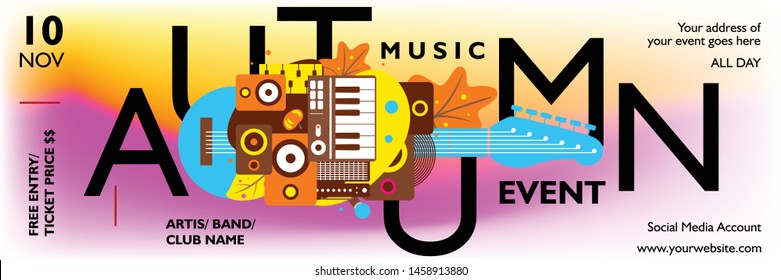 
Music banner template for event, festival, concert, party. Poster layout design with autumn theme with maple leaves shape on colorful background. Vector illustration for publication