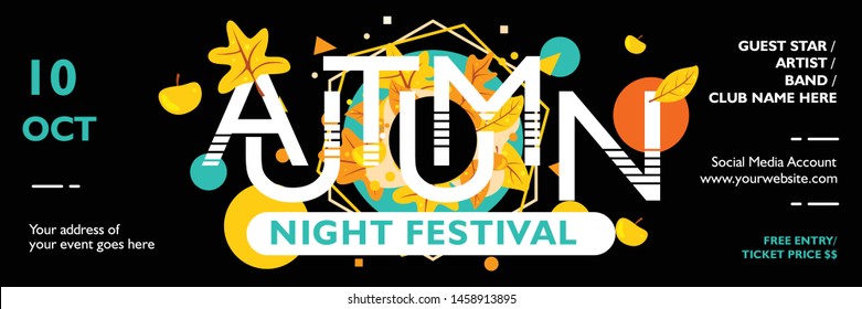 
Music banner template for event, festival, concert, party. Colorful poster layout design with autumn theme with maple leaves shape on black background. Vector illustration for publication
