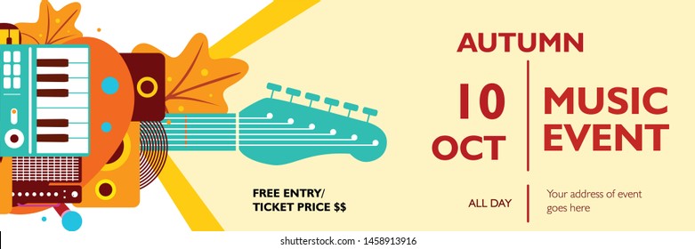 
Music banner template for event, festival, concert, party. Colorful poster layout design with autumn theme with maple leaves shape on light brown background. Vector illustration for publication