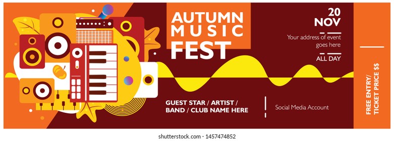 Music banner template for festival, event, party, and concert. Poster layout autumn theme with fall maple leaves on colorful background. Vector illustration for publication