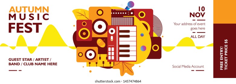 Music banner template for festival, event, party, and concert. Poster layout autumn theme with fall maple leaves on colorful background. Vector illustration for publication 