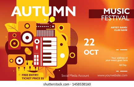 Music banner template for festival, event, party, and concert. Poster layout autumn theme with fall maple leaves on colorful background. Vector illustration for publication