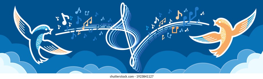 Music banner. Treble clef  transforms into stave. Two birds sing song in the sky. Concept for music event, concert, festival