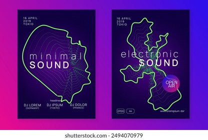 Music Banner. Violet Techno Design. Trance Invite. Party Concert Template. Electronic Radio Invitation. Blue Night Club Event. Sound Flyer. Green Music Banner