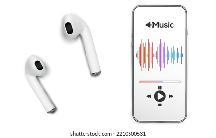 Music Banner.Notes Media Music Banner With Copy Space. Mobile Smartphone Screen With Music Application, Sound Headphones. Audio Vector With Radio Beats Isolated On White Background.