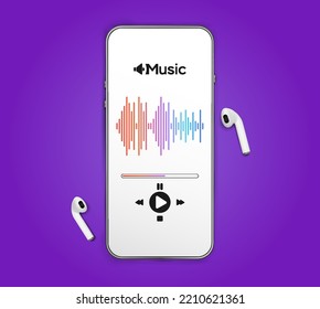 Music Banner.Notes Media Music Banner With Copy Space. Mobile Smartphone Screen With Music Application, Sound Headphones. Audio Vector With Radio Beats Isolated On White Background.