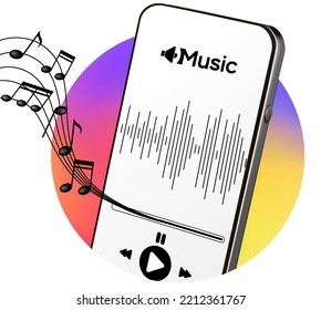 Music Banner.Notes Media Music Banner With Copy Space. Mobile Smartphone Screen With Music Application, Sound Headphones. Audio Vector With Radio Beats Isolated On White Background.